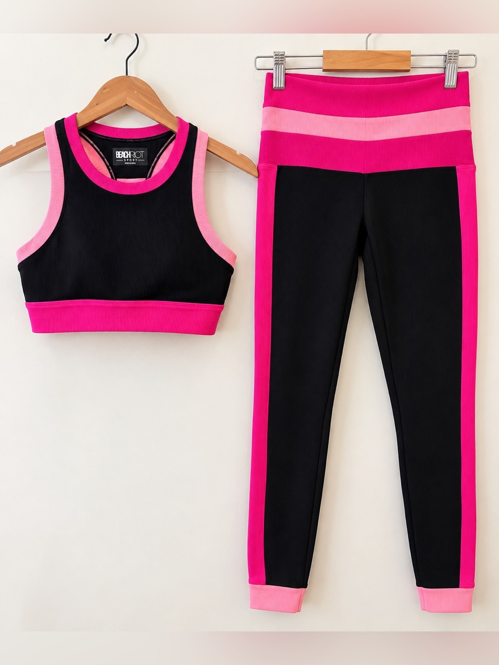 Beach Riot Sport Colorblock Ribbed Leggings & Sports Bra Set Black Pink Size S